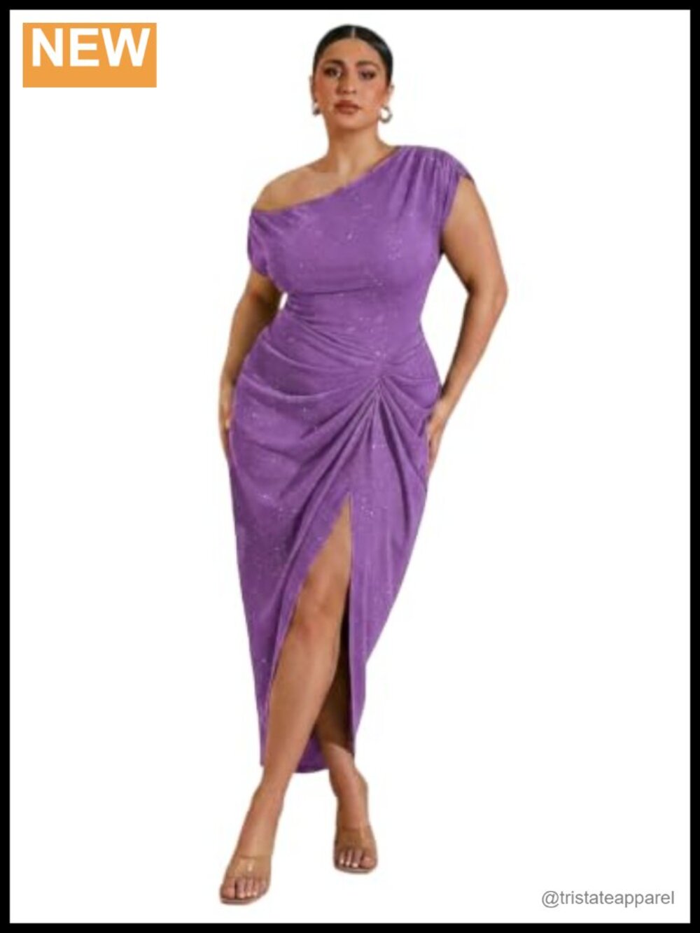 Plus Size Asymmetrical Neck Ruched Slit Hem Cocktail Dress
